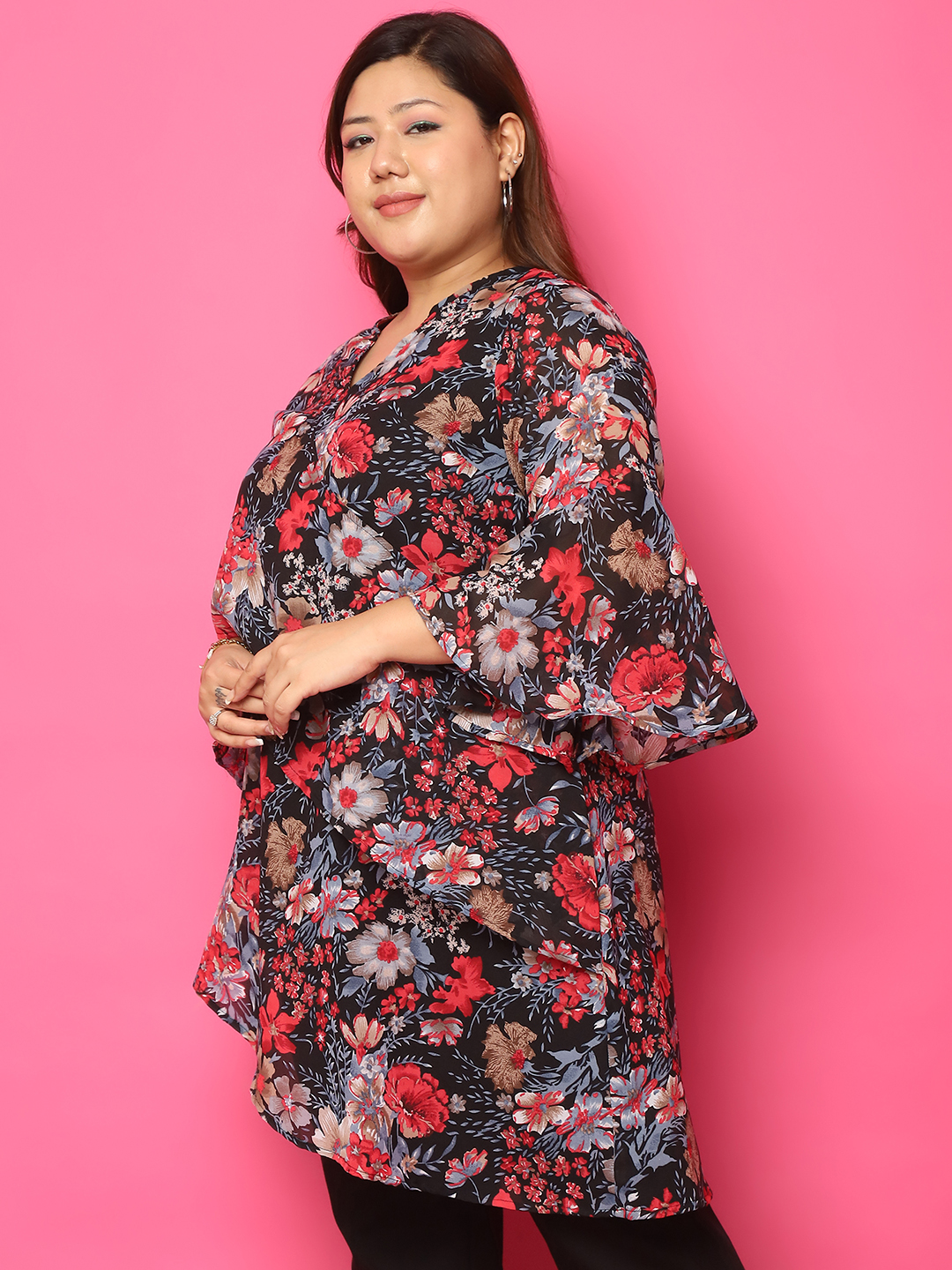 Women's Plus Size Black Red Rose Floral Printed Asymmetric Longline Top