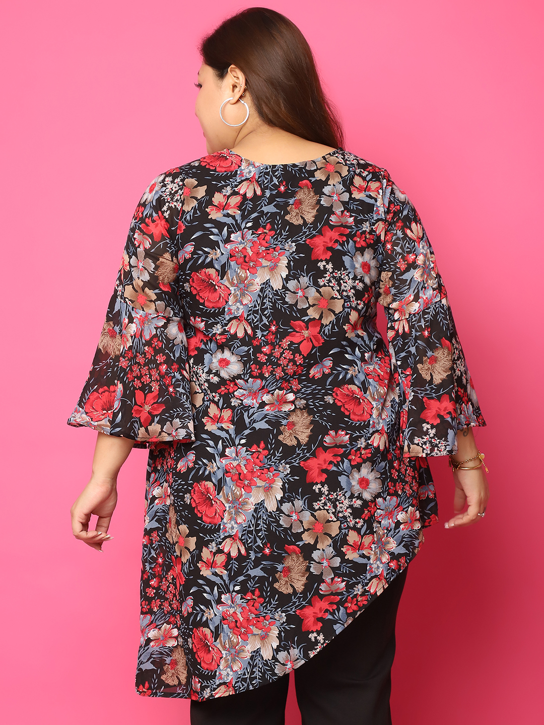 Women's Plus Size Black Red Rose Floral Printed Asymmetric Longline Top