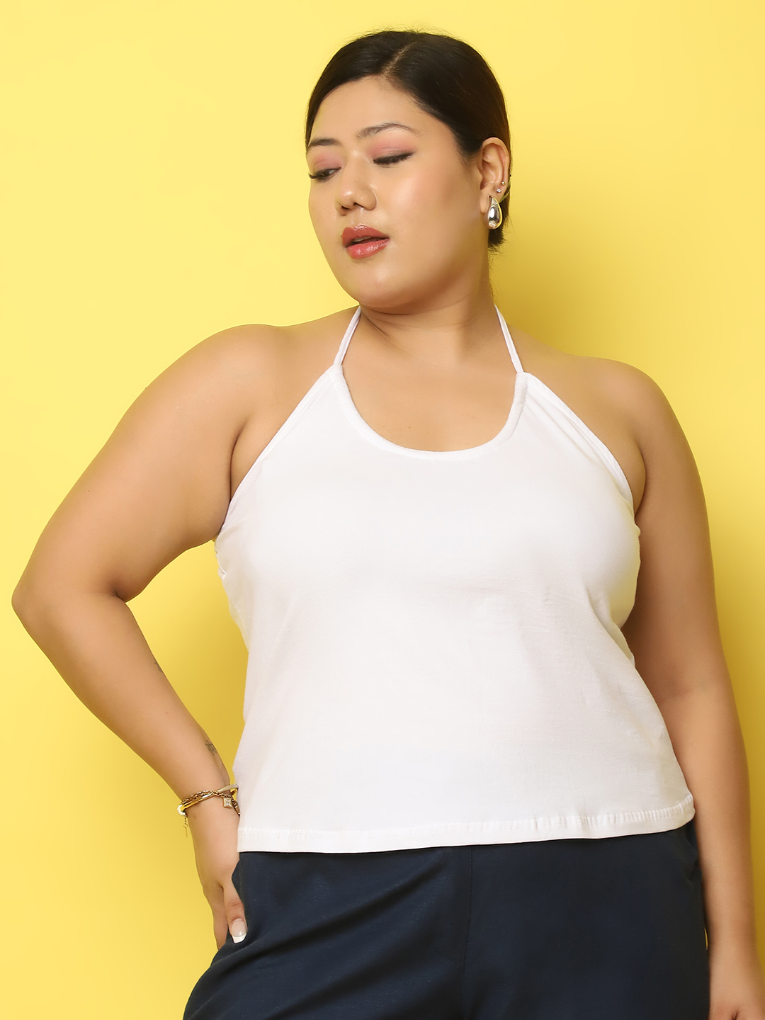 Women's Plus Size White Solid Color Cotton Knitted Camisole