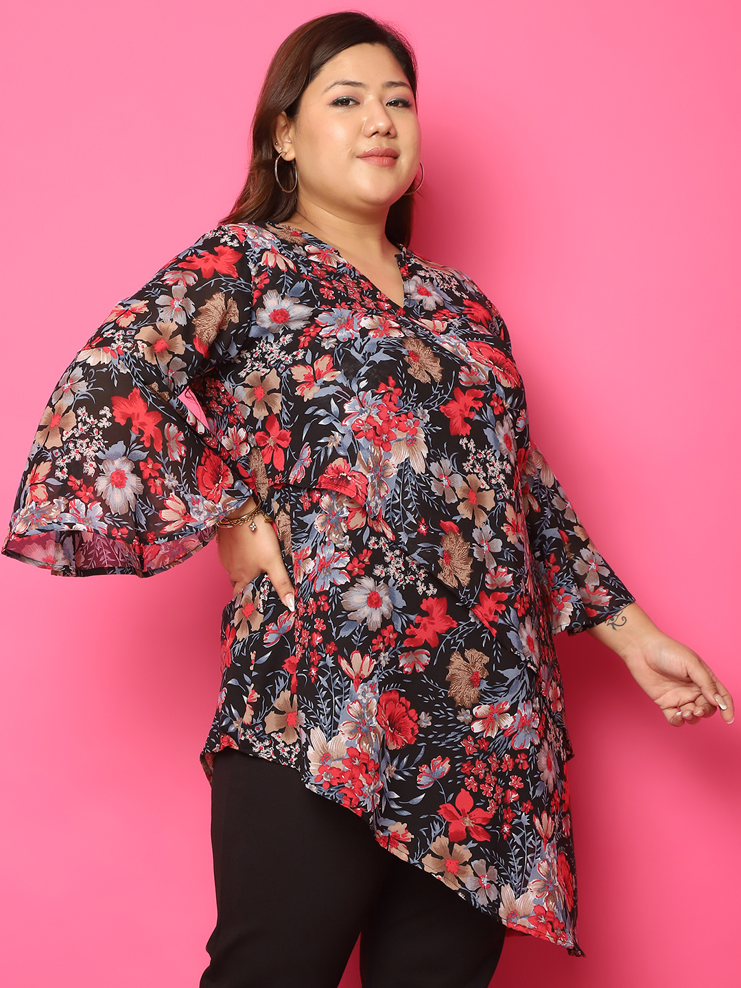 Women's Plus Size Black Red Rose Floral Printed Asymmetric Longline Top