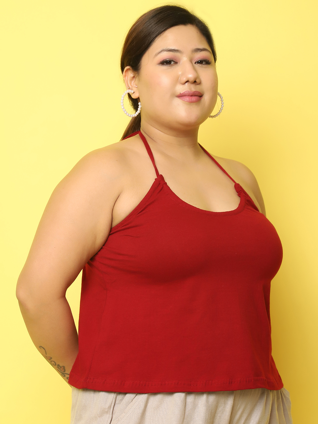 Women's Plus Size Maroon Solid Color Cotton Knitted Camisole