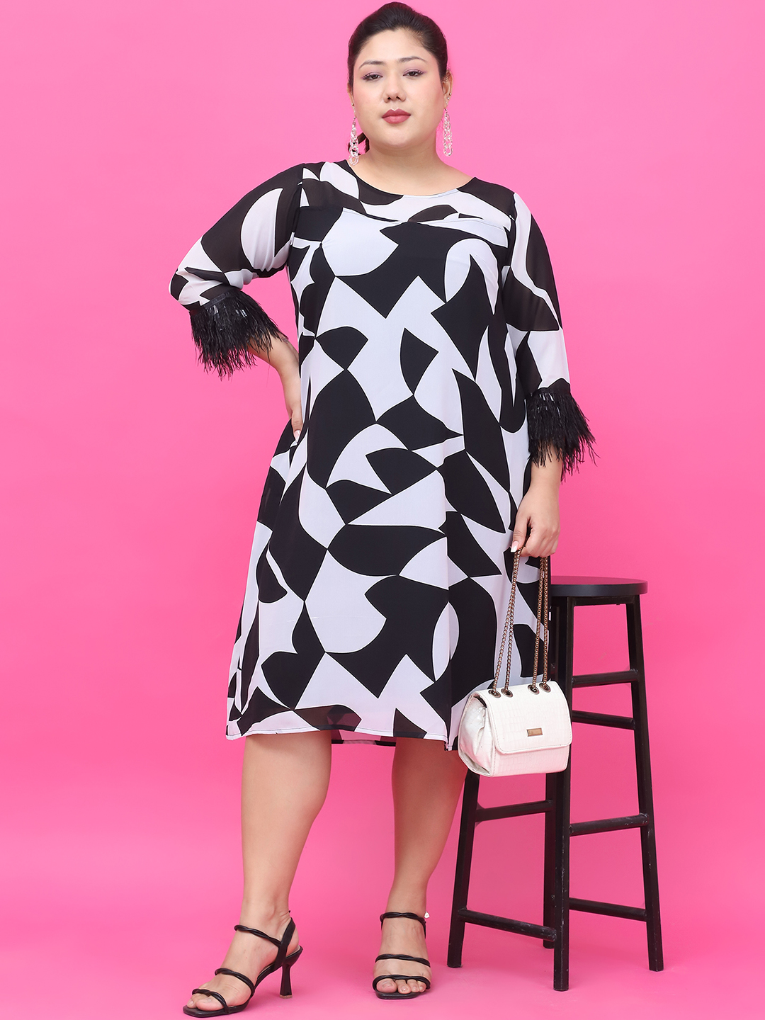 Women's Plus Size Black & White Floral Printed Georgette Dress with attached crepe Lining