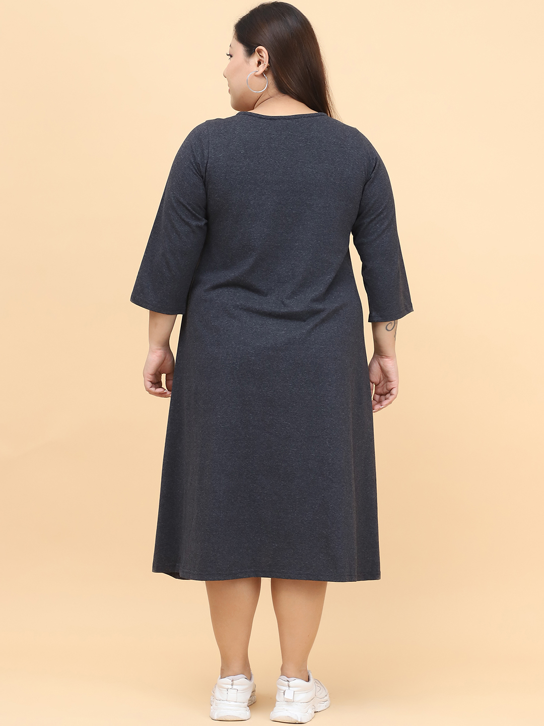 Women's Plus Size Charcoal Grey Solid Color Cotton Knitted Dress