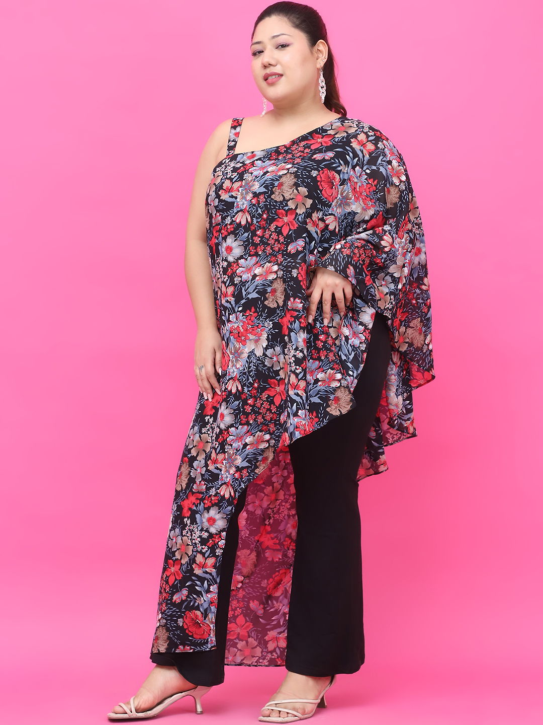 Women's Plus Size Black Red Rose Floral Printed Georgette Top