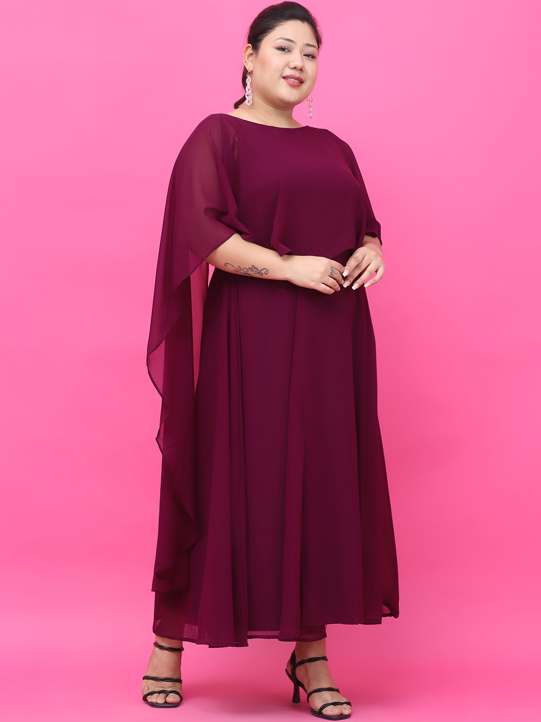 Women's Plus Size Plum Solid Color Dress with attached solid color Cape