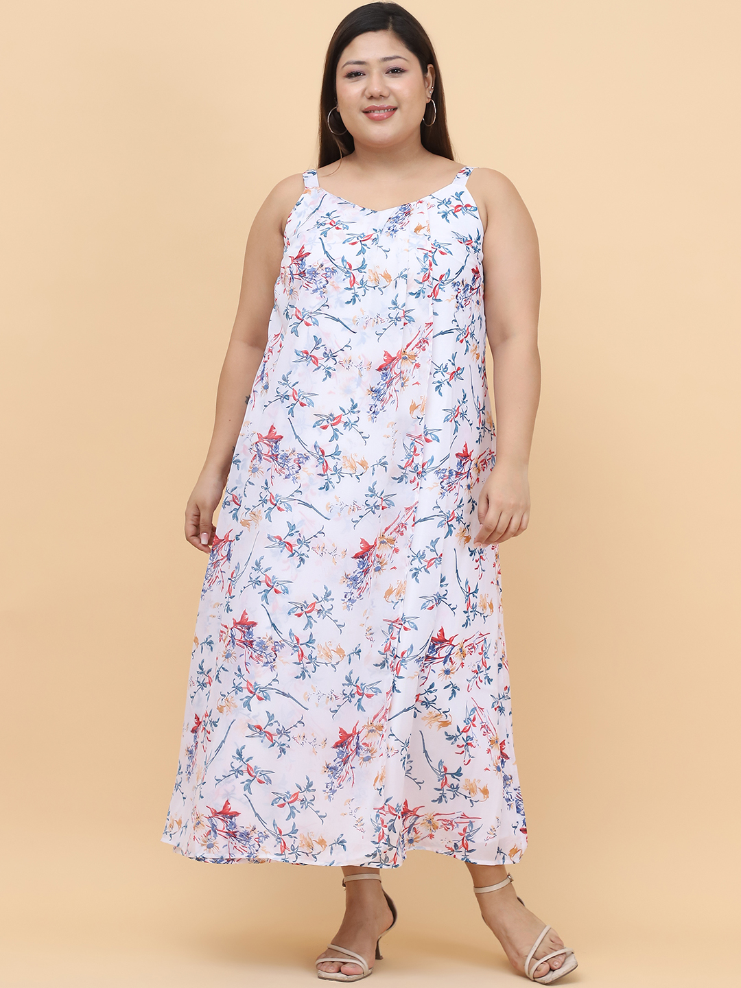 Women's Plus Size White Floral Printed A-Line Midi Dress