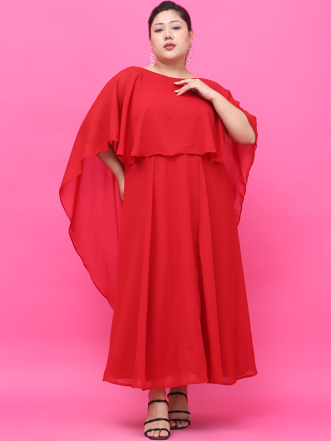 Women's Plus Size Red Solid Color Dress with attached solid color Cape