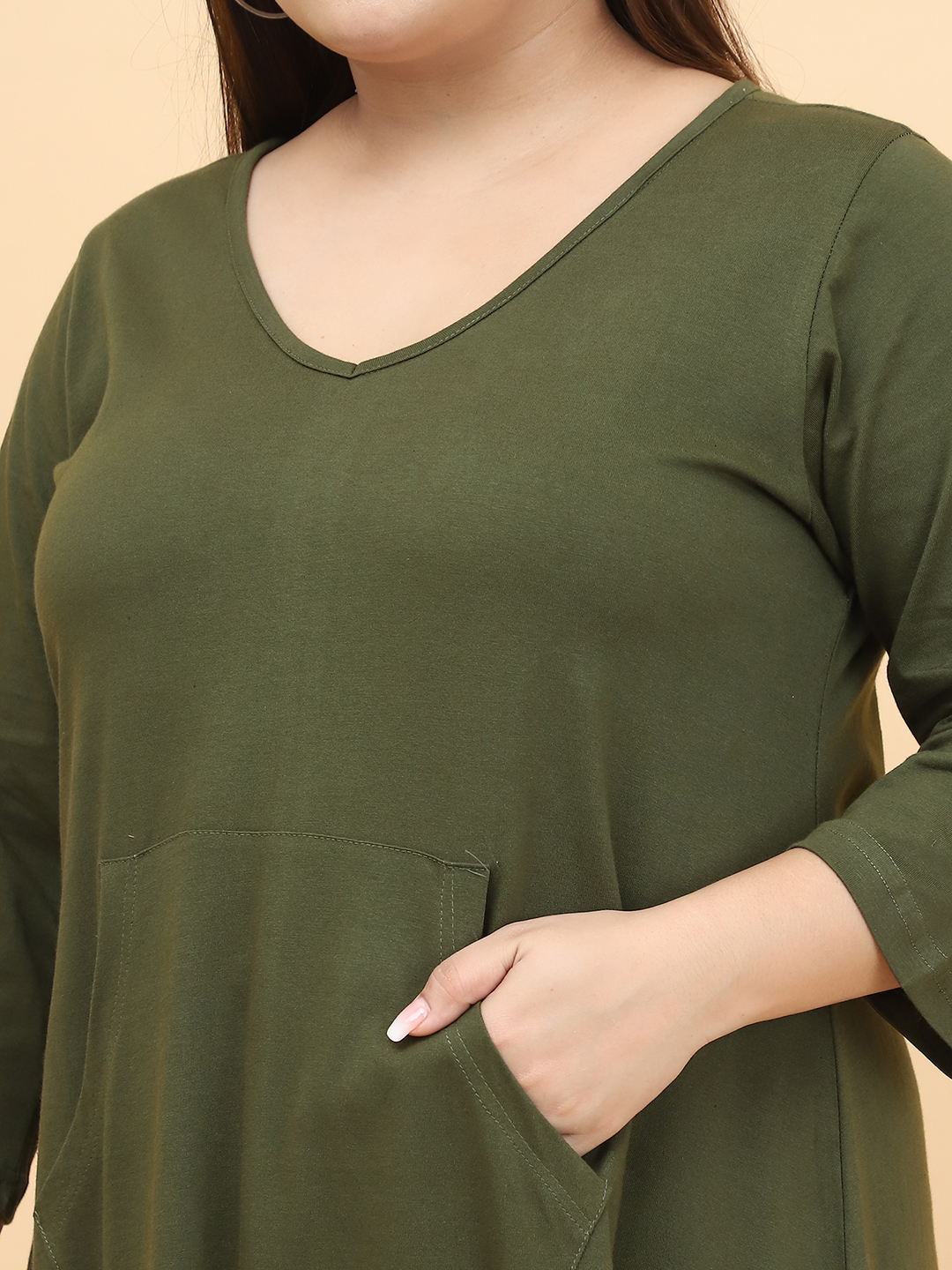 Women's Plus Size Olive Solid Color Cotton Knitted Dress