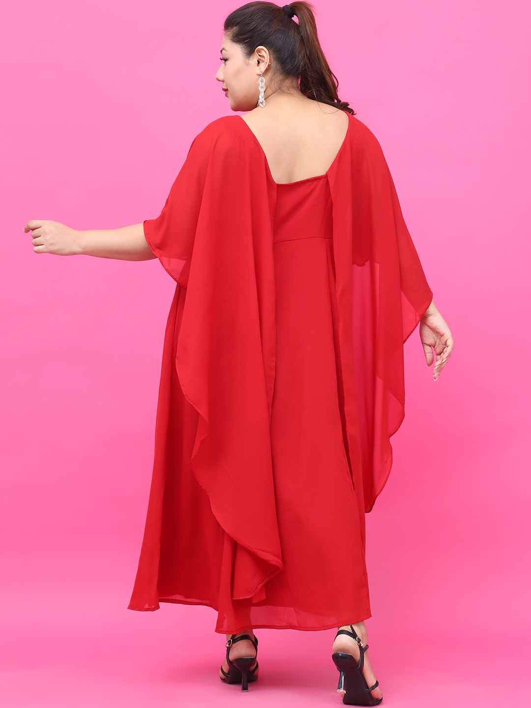 Women's Plus Size Red Solid Color Dress with attached solid color Cape