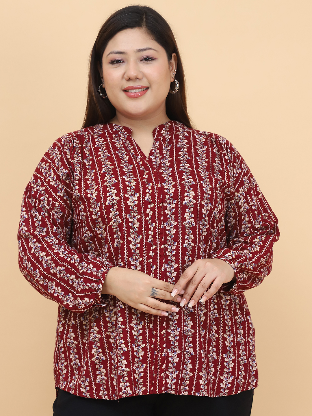 Women's Plus Size Maroon Gold Foil printed casual top
