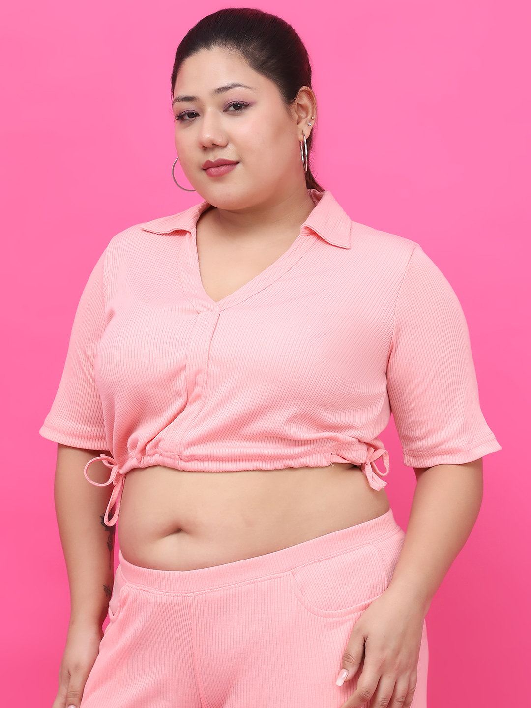 Women's Plus Size Pink Solid Color Cotton Knitted Rib Crop Top