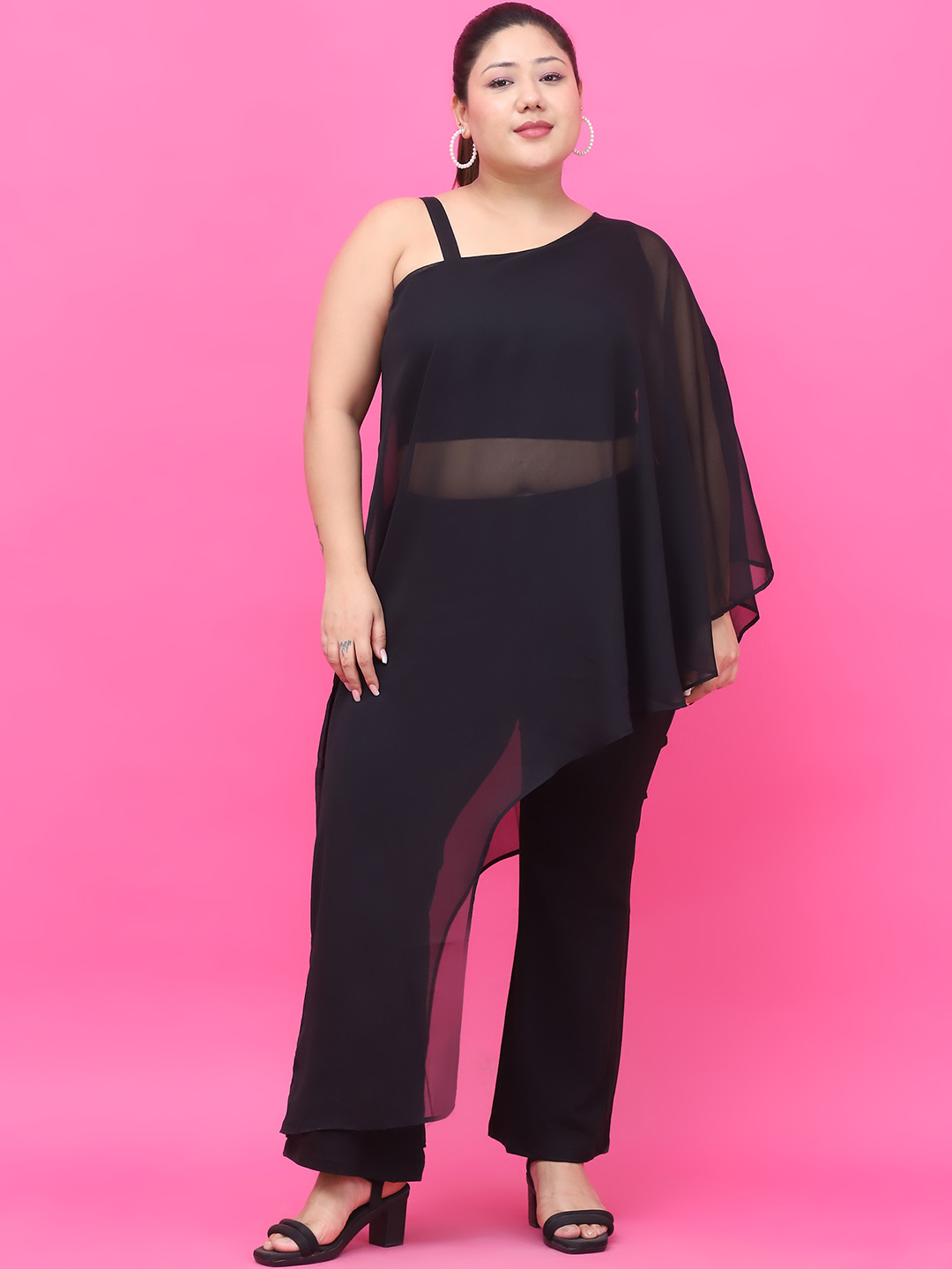 Women's Plus Size Black Solid Color Georgette Top