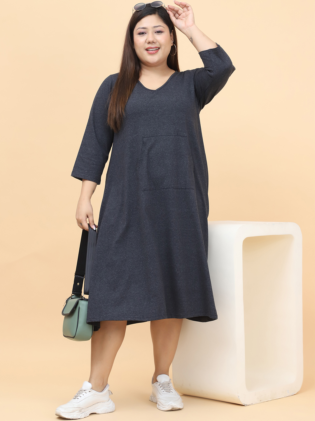 Women's Plus Size Charcoal Grey Solid Color Cotton Knitted Dress