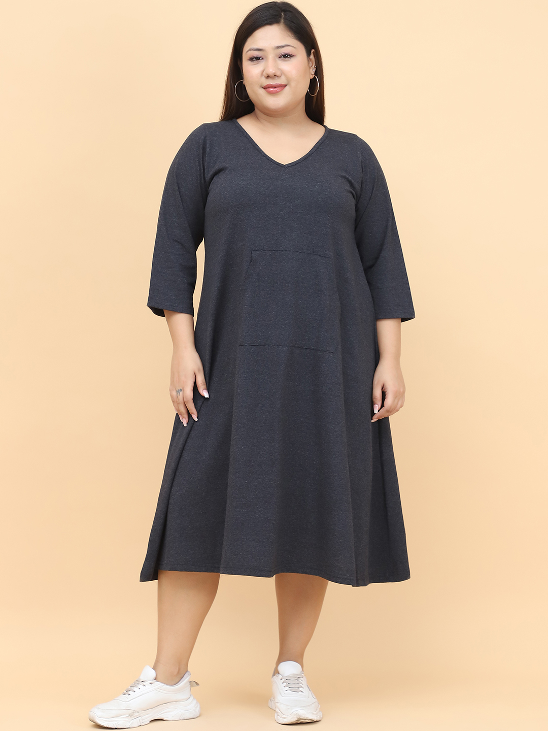 Women's Plus Size Charcoal Grey Solid Color Cotton Knitted Dress