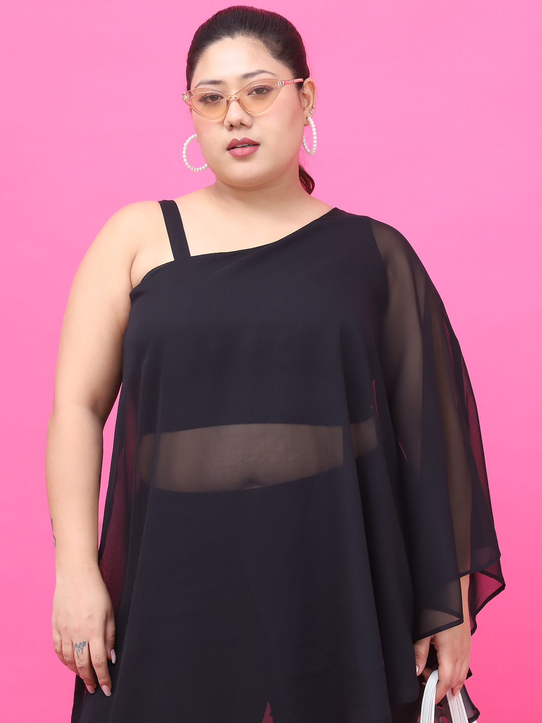 Women's Plus Size Black Solid Color Georgette Top