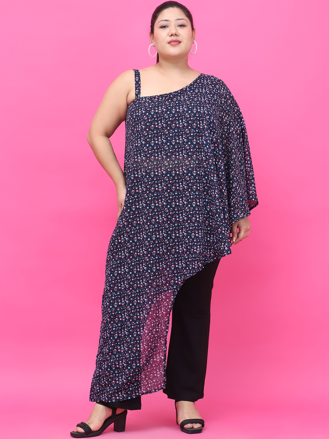 Women's Plus Size Navy Blue Small Floral Printed Georgette Top