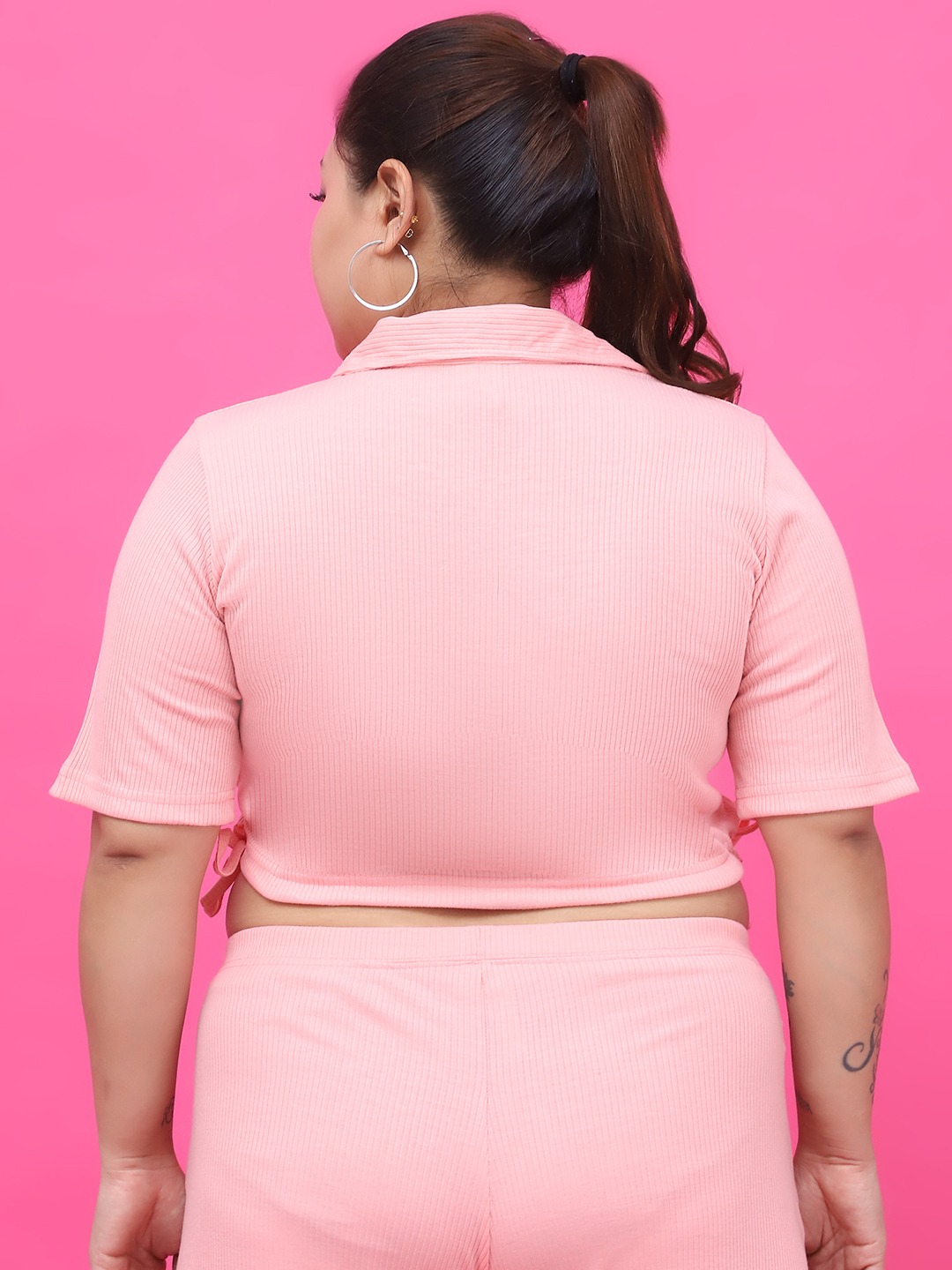 Women's Plus Size Pink Solid Color Cotton Knitted Rib Crop Top