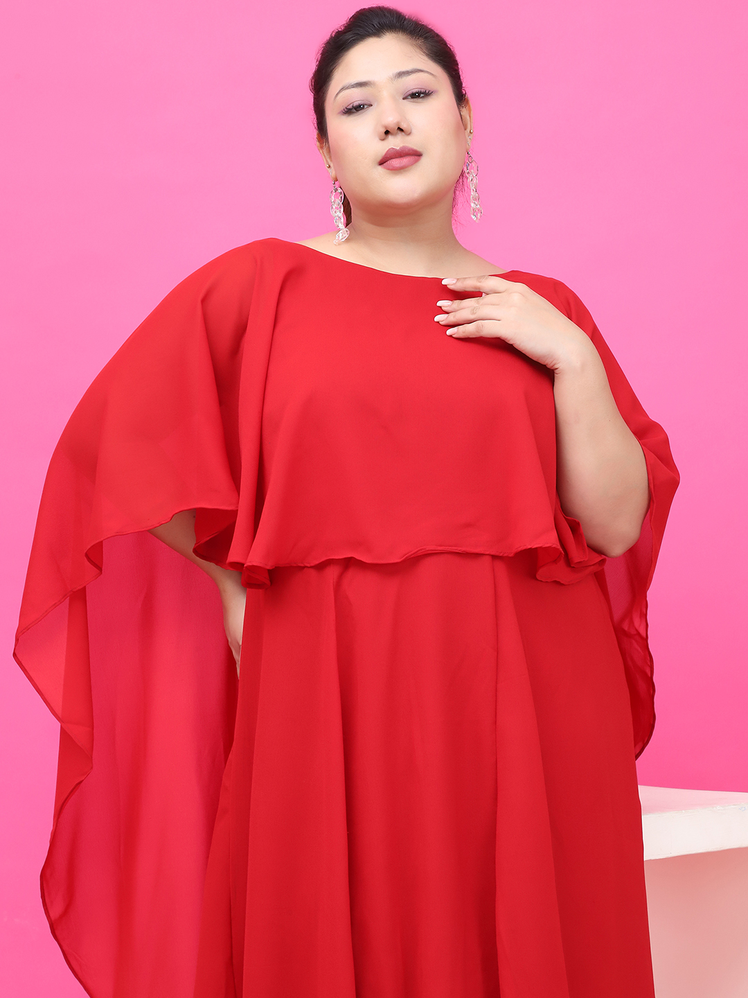 Women's Plus Size Red Solid Color Dress with attached solid color Cape
