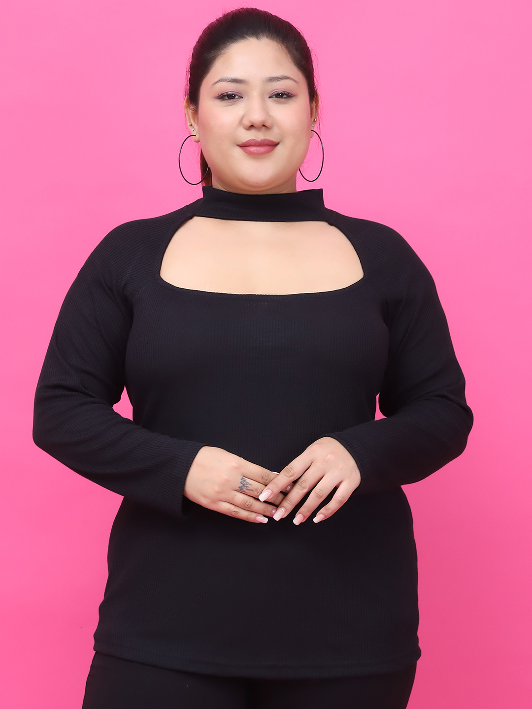 Women's Plus Size Black solid color cotton rib top