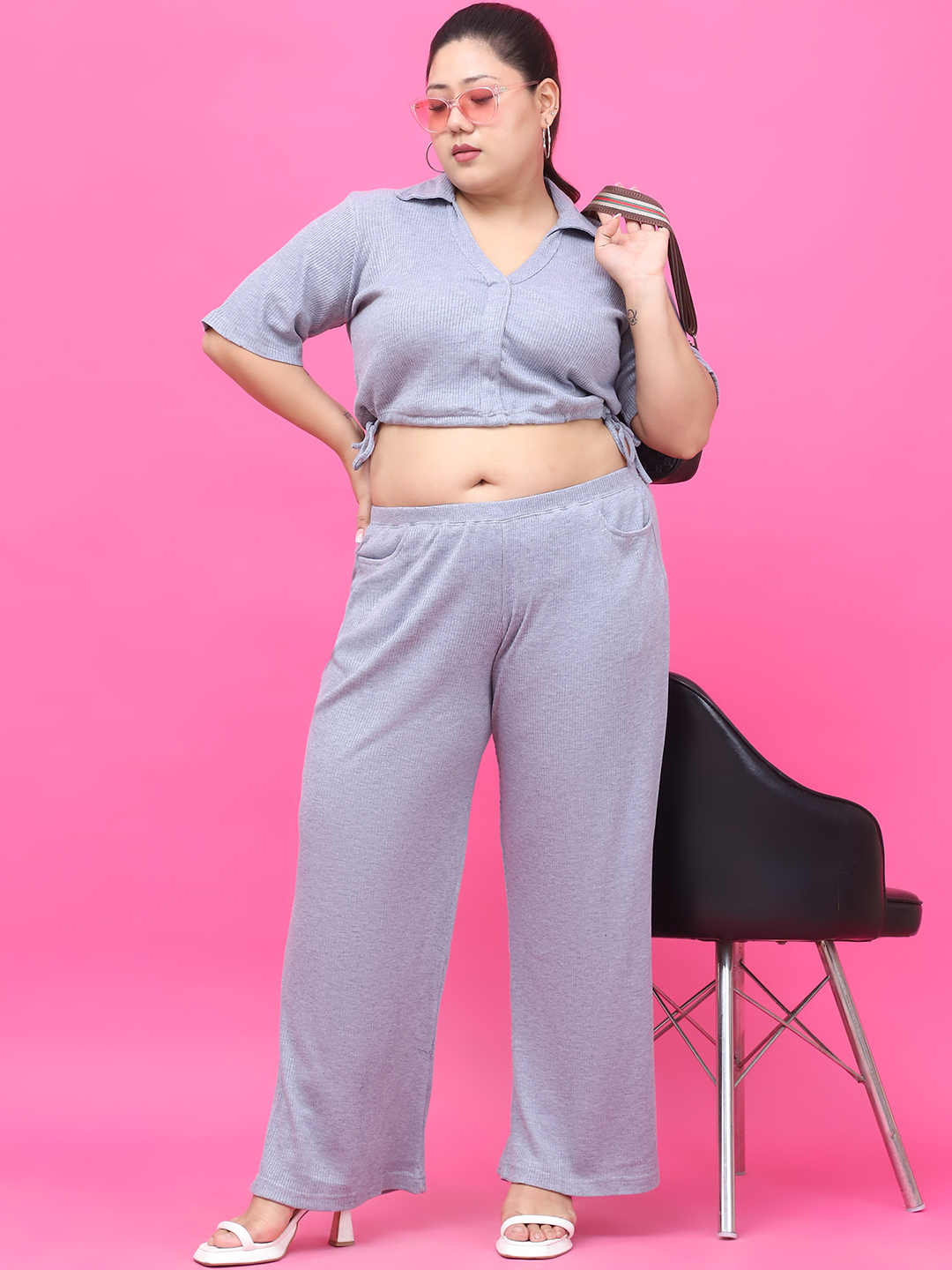 Women's Plus Size Grey Solid Color Cotton Knitted Rib Crop Top