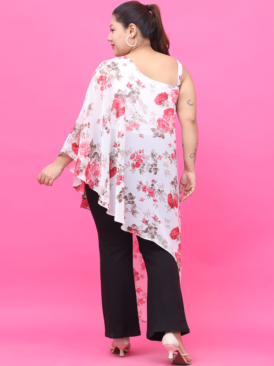 Women's Plus Size White Red Rose Floral Printed Georgette Top