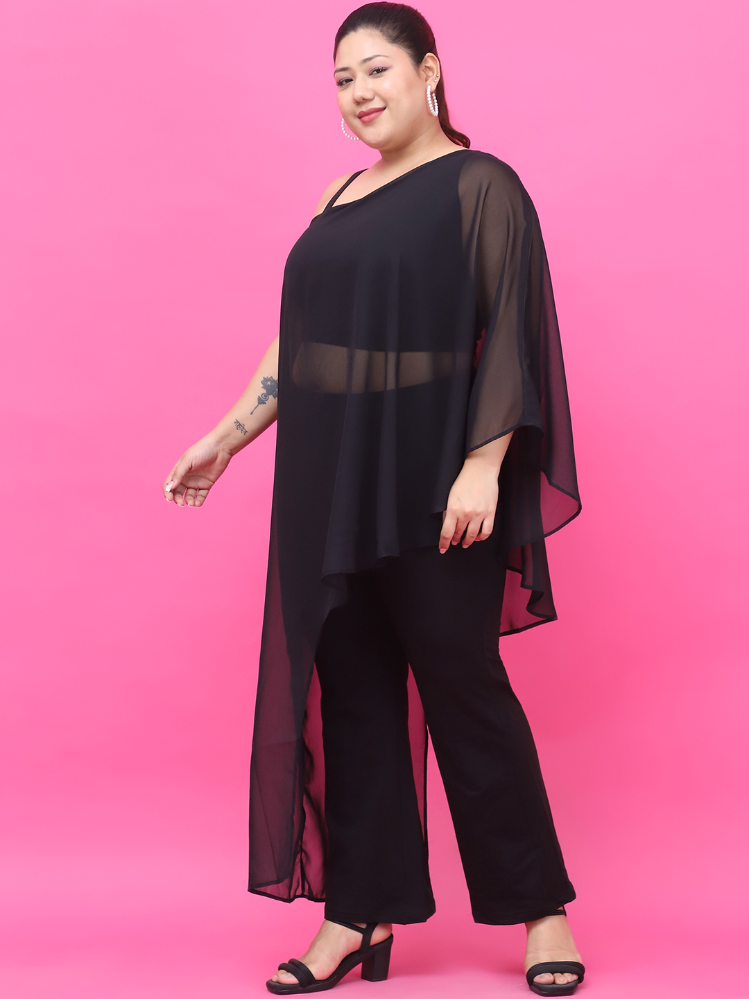 Women's Plus Size Black Solid Color Georgette Top