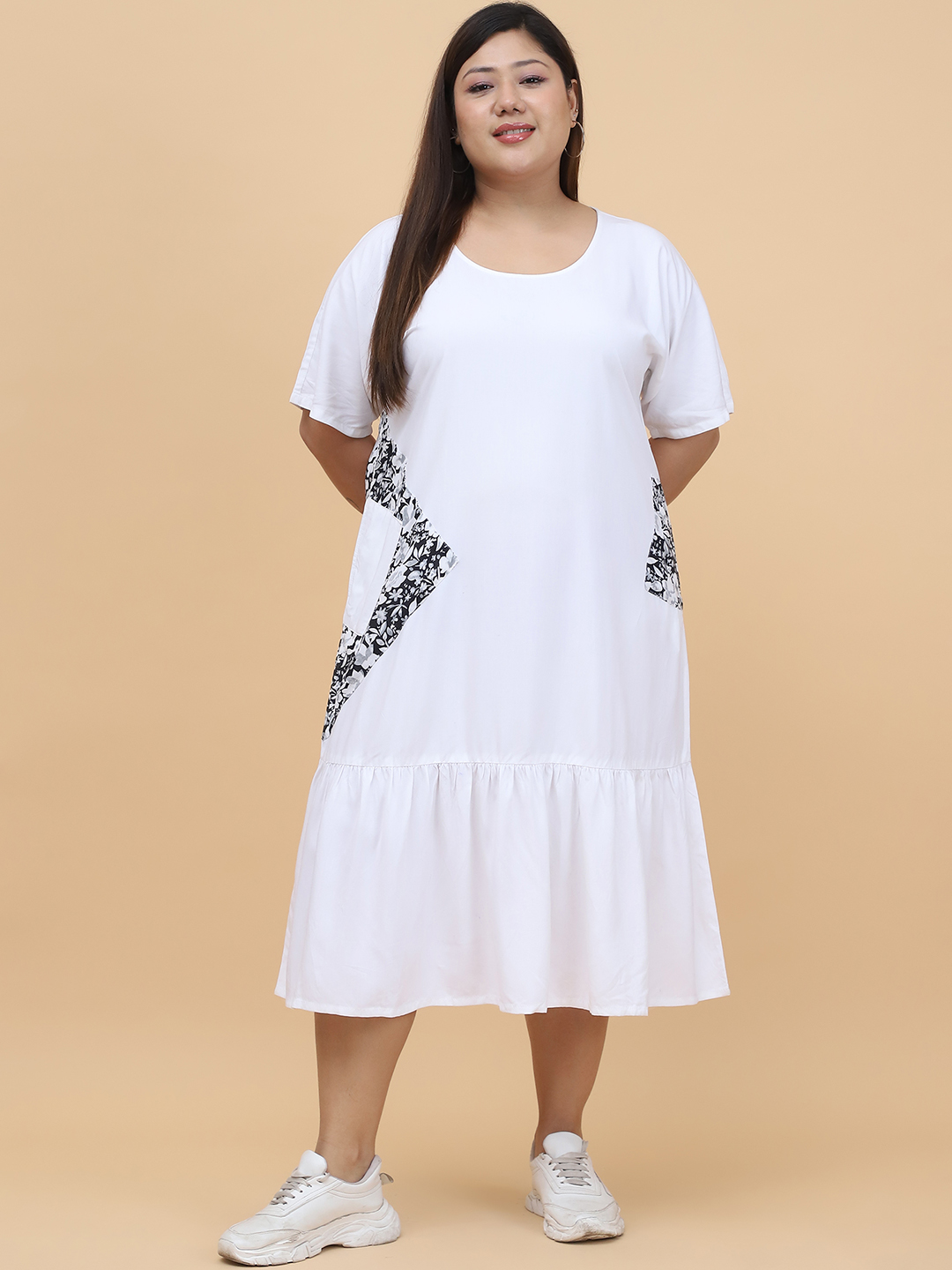 Women's Plus Size White solid color Woven A-Line Dress