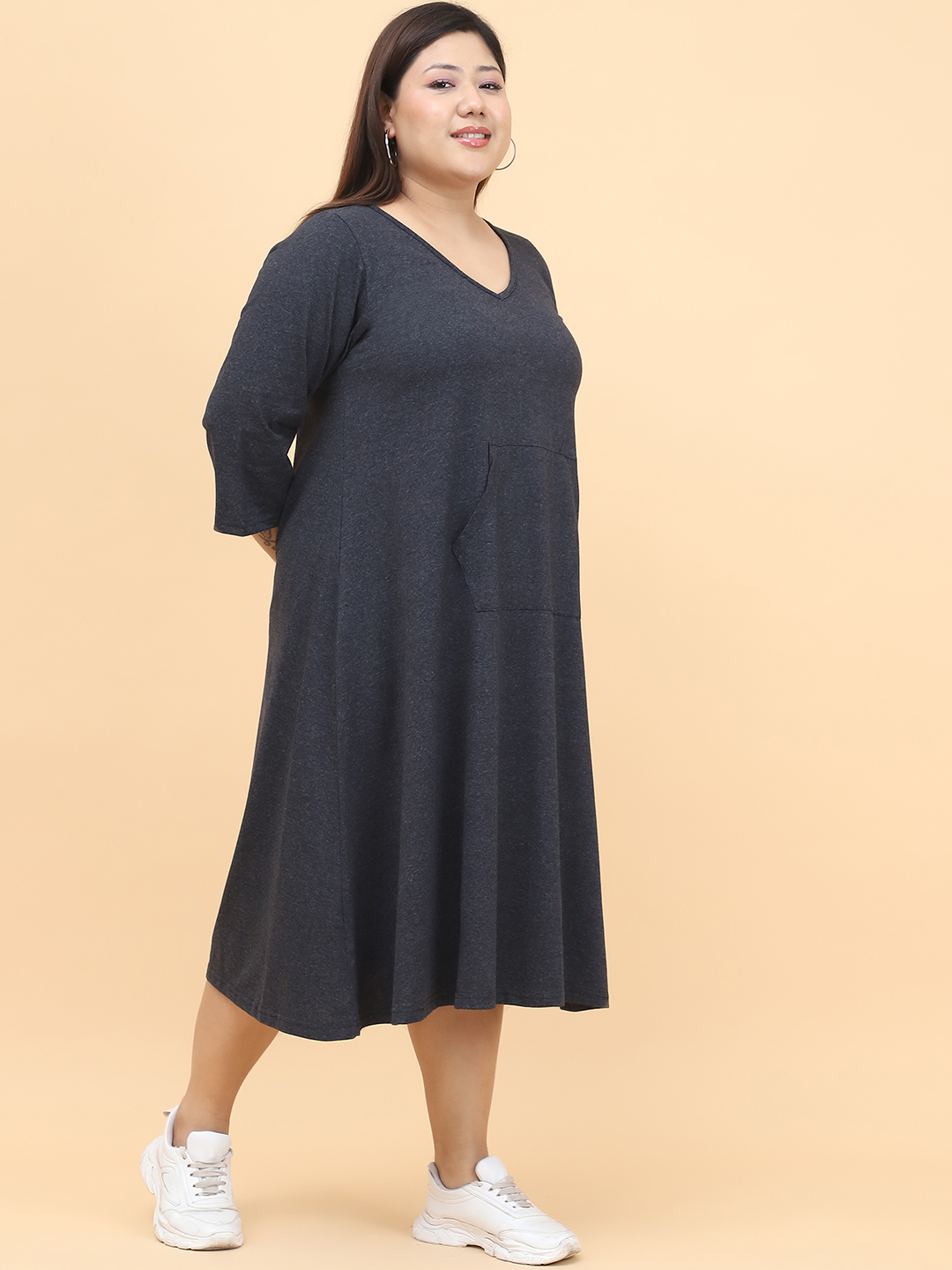 Women's Plus Size Charcoal Grey Solid Color Cotton Knitted Dress