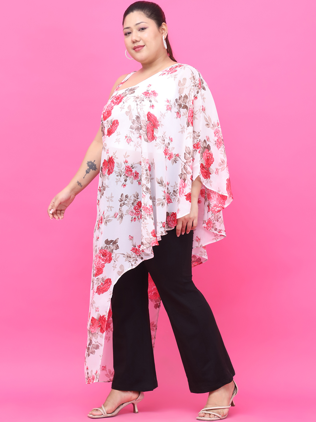 Women's Plus Size White Red Rose Floral Printed Georgette Top