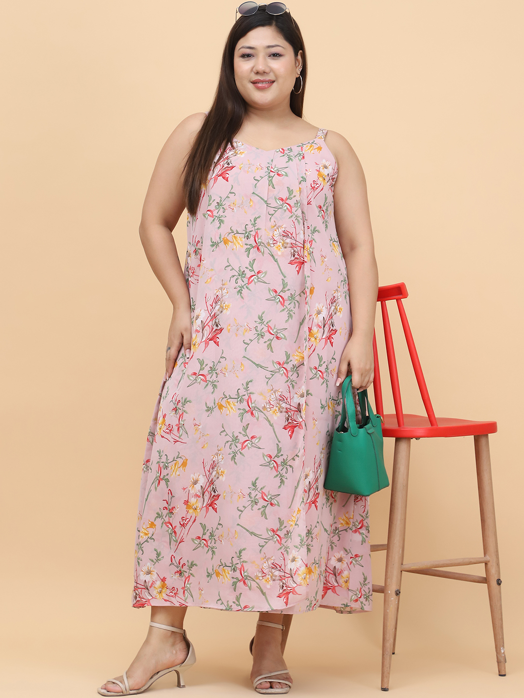 Women's Plus Size Pink Floral Printed A-Line Midi Dress
