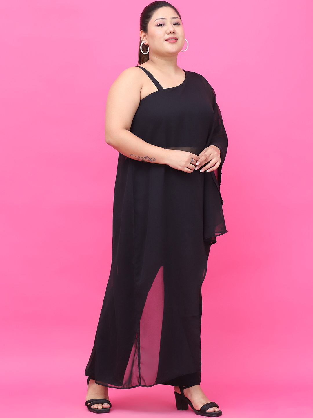 Women's Plus Size Black Solid Color Georgette Top