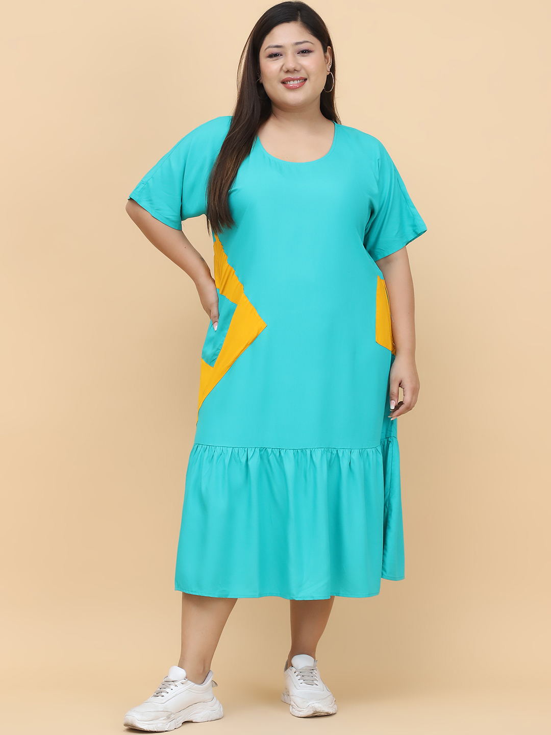 Women's Plus Size Teal solid color Woven A-Line Dress
