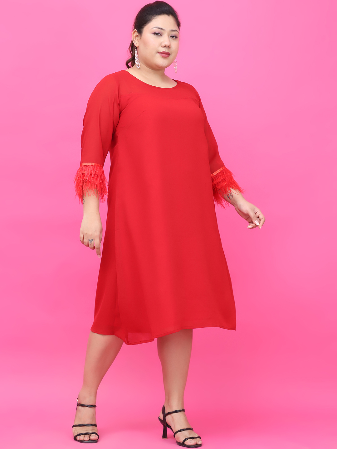 Women's Plus Size Red Solid Color Georgette Dress with attached crepe Lining