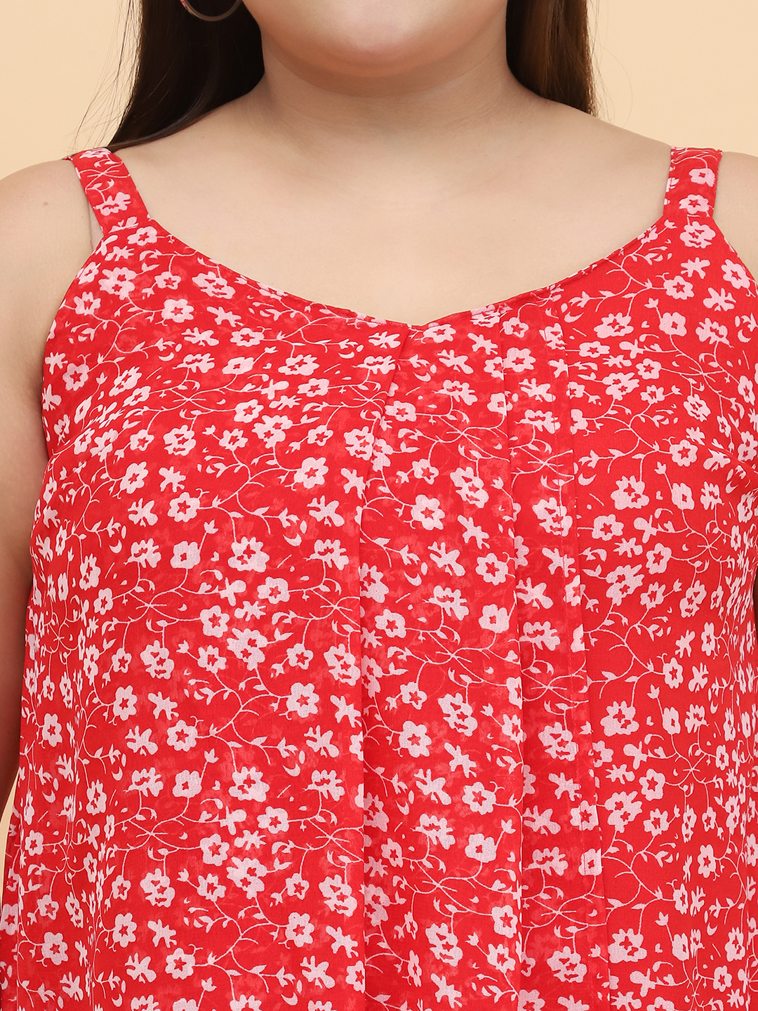 Women's Plus Size Red & White Floral Printed A-Line Midi Dress