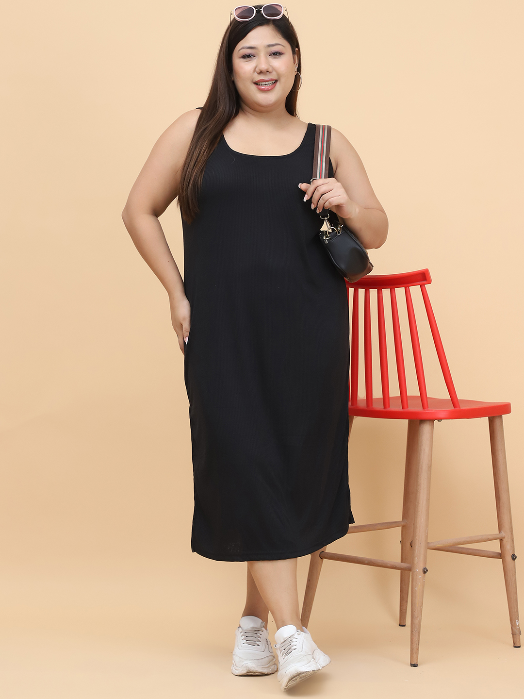 Women's Plus Size Black solid color cotton rib dress
