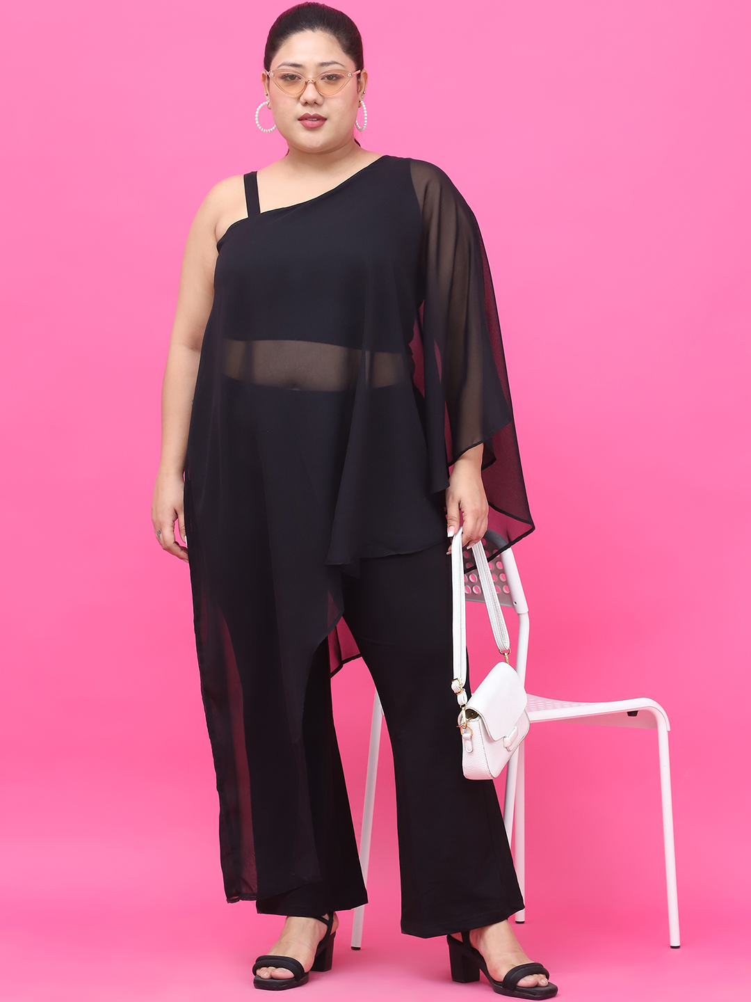 Women's Plus Size Black Solid Color Georgette Top