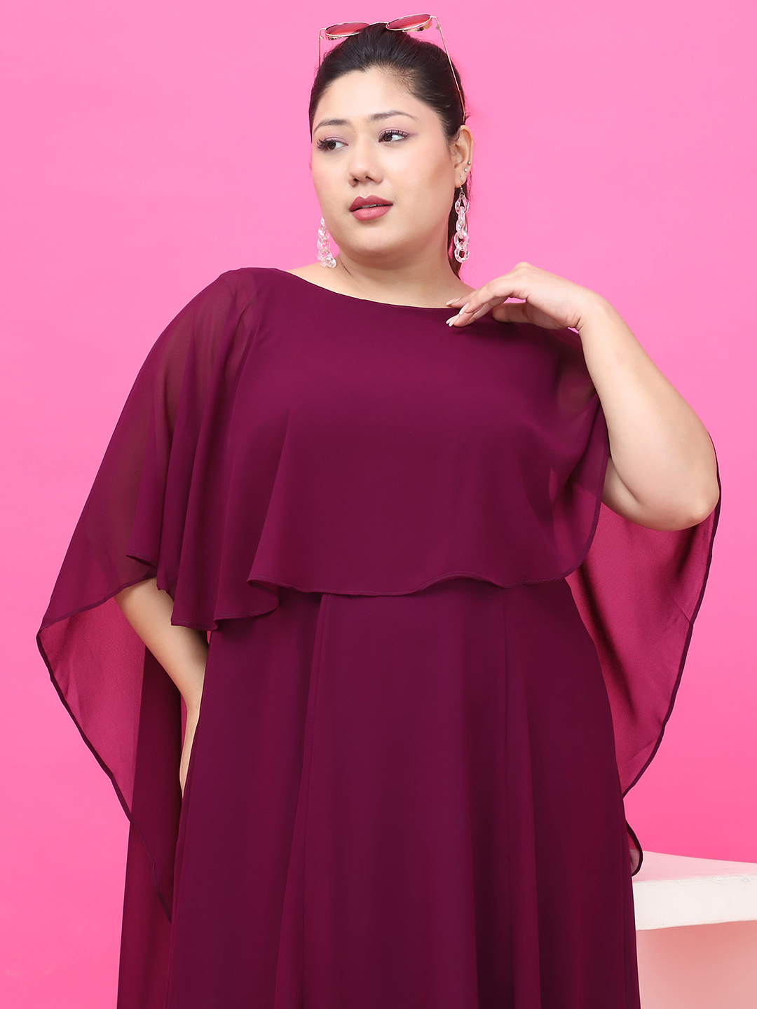 Women's Plus Size Plum Solid Color Dress with attached solid color Cape