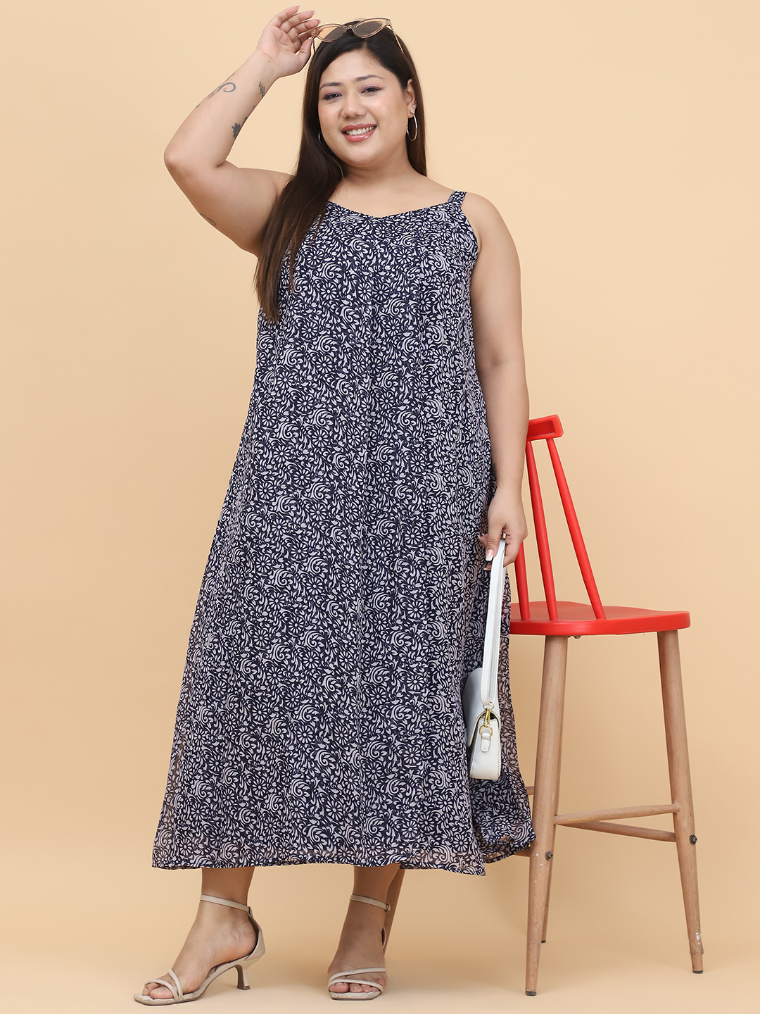 Women's Plus Size Navy Blue Floral Printed A-Line Midi Dress