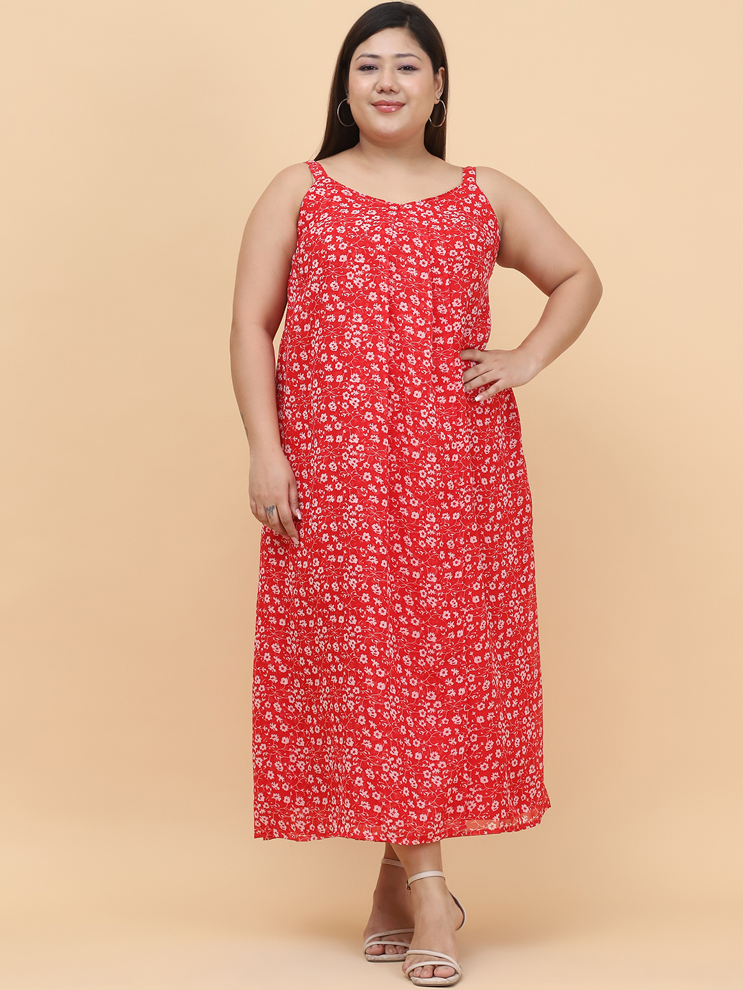 Women's Plus Size Red & White Floral Printed A-Line Midi Dress