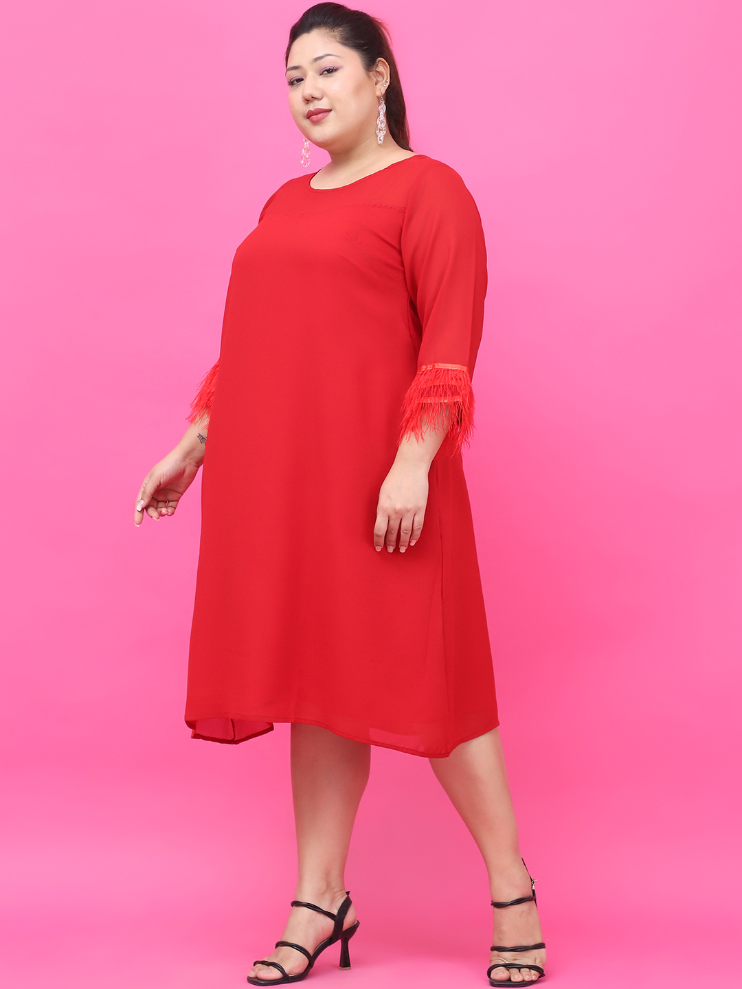 Women's Plus Size Red Solid Color Georgette Dress with attached crepe Lining