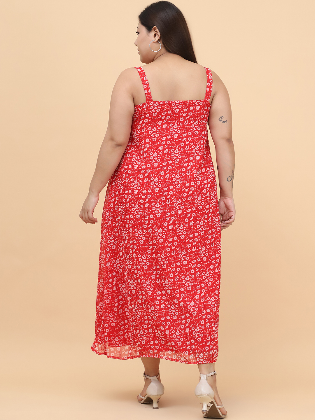Women's Plus Size Red & White Floral Printed A-Line Midi Dress
