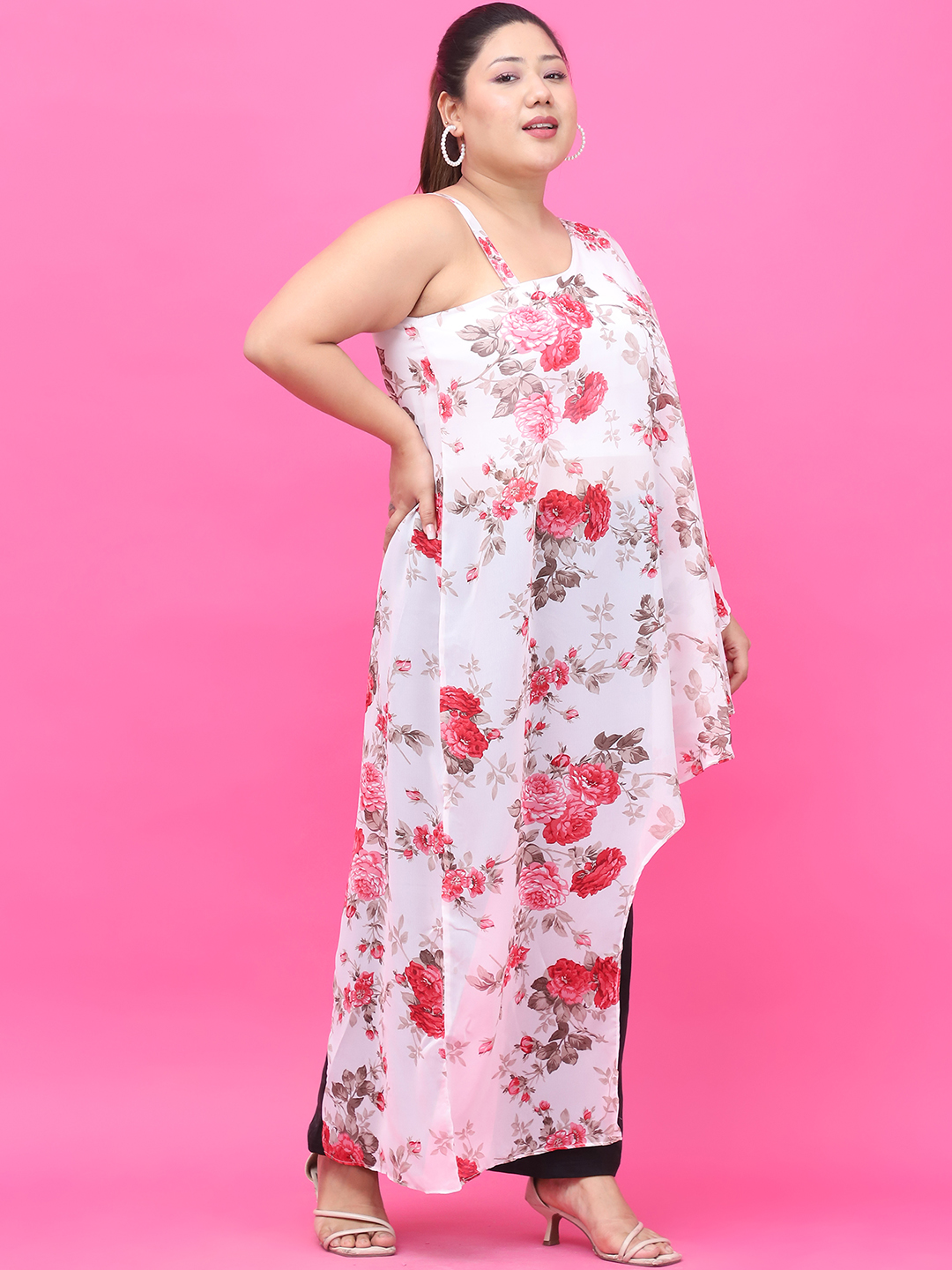 Women's Plus Size White Red Rose Floral Printed Georgette Top