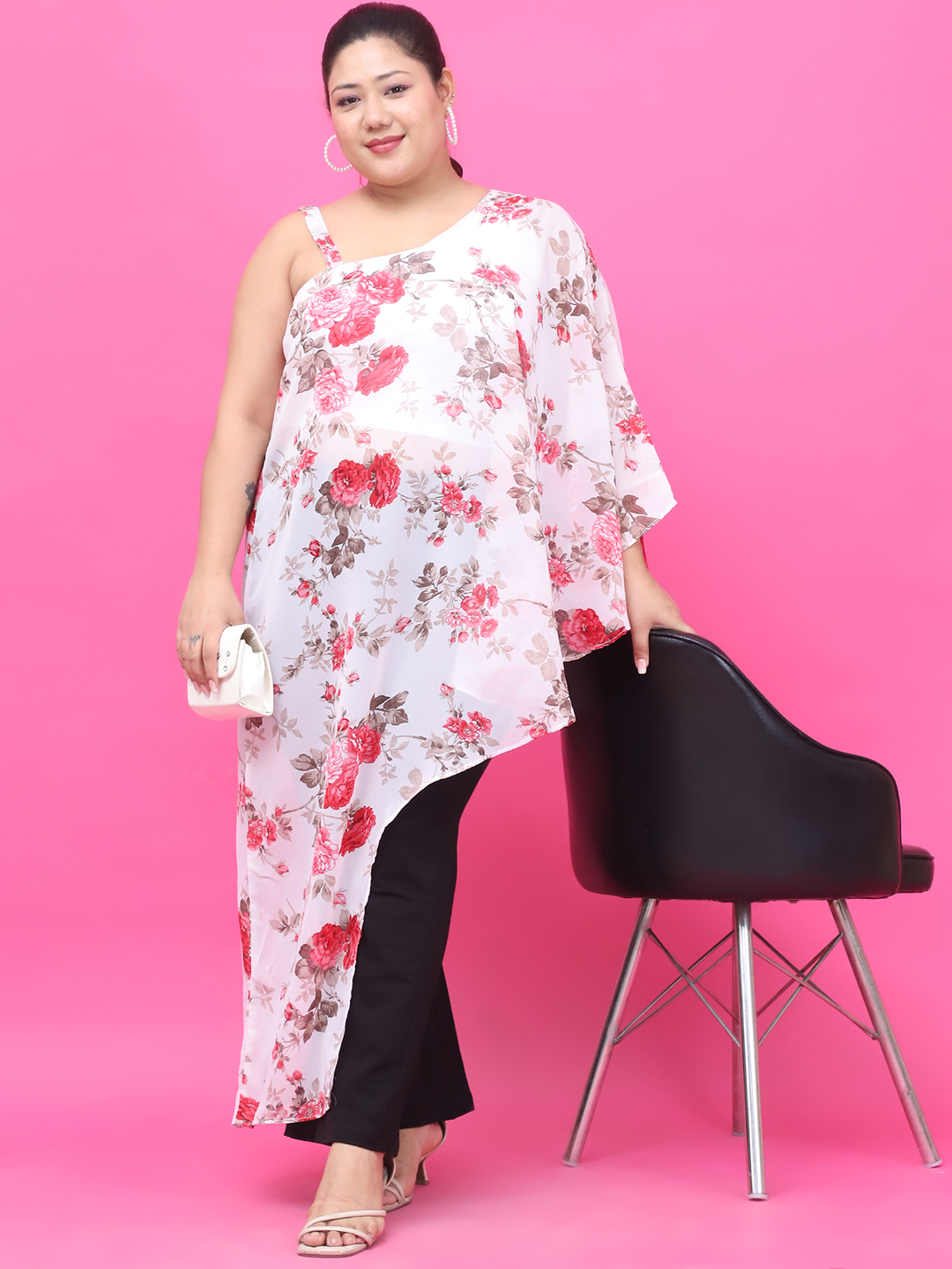 Women's Plus Size White Red Rose Floral Printed Georgette Top