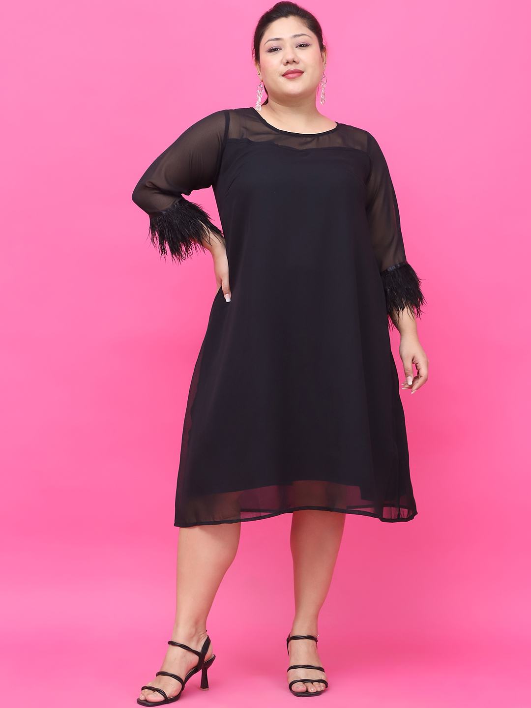 Women's Plus Size Black Solid Color Georgette Dress with attached crepe Lining