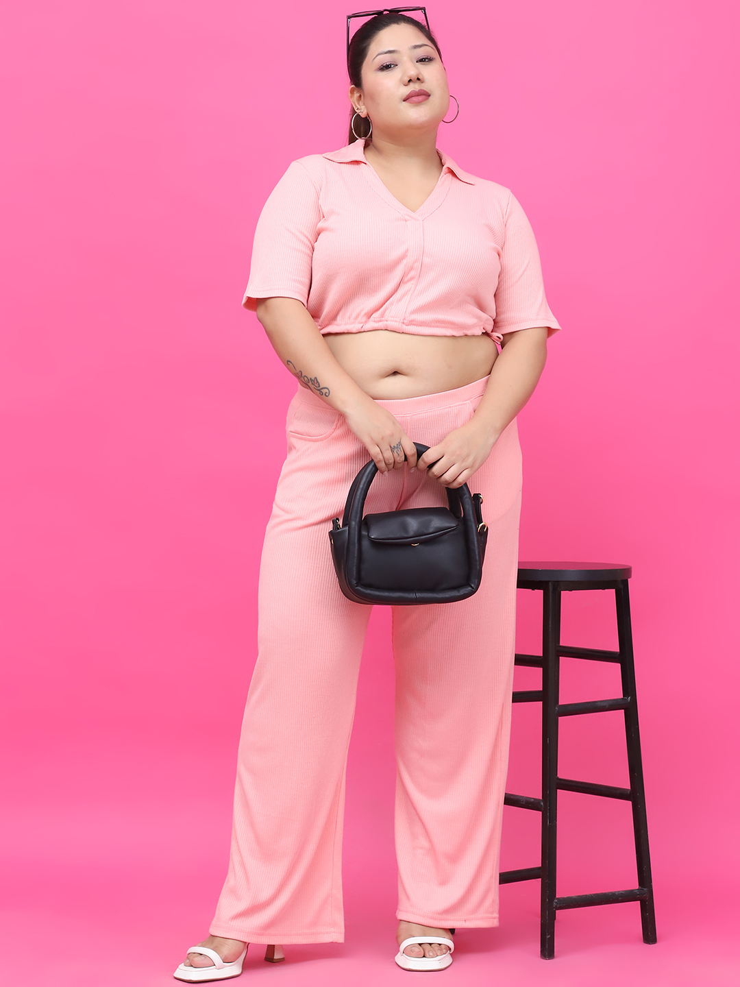 Women's Plus Size Pink Solid Color Cotton Knitted Rib Crop Top