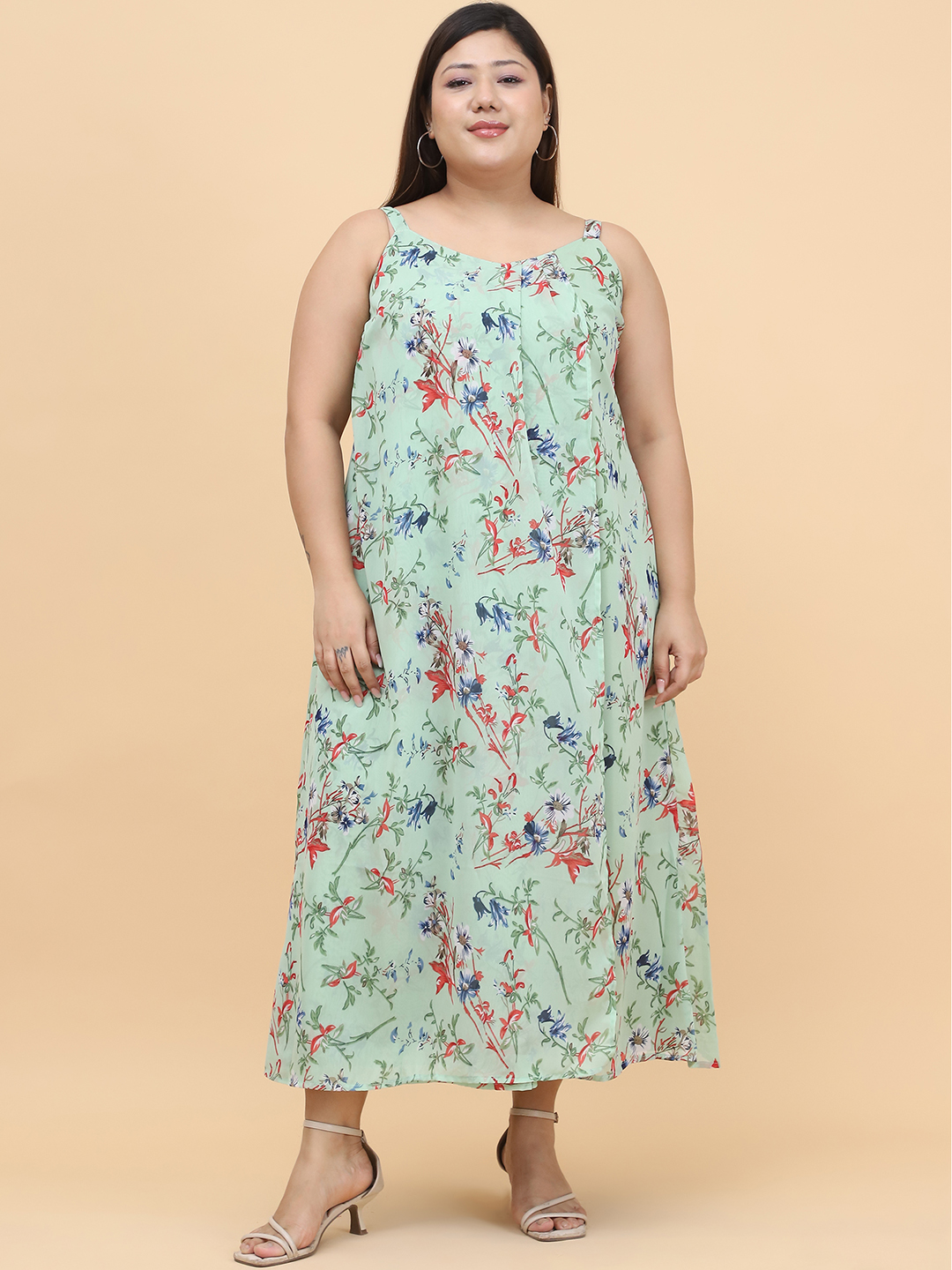 Women's Plus Size Green Floral Printed A-Line Midi Dress