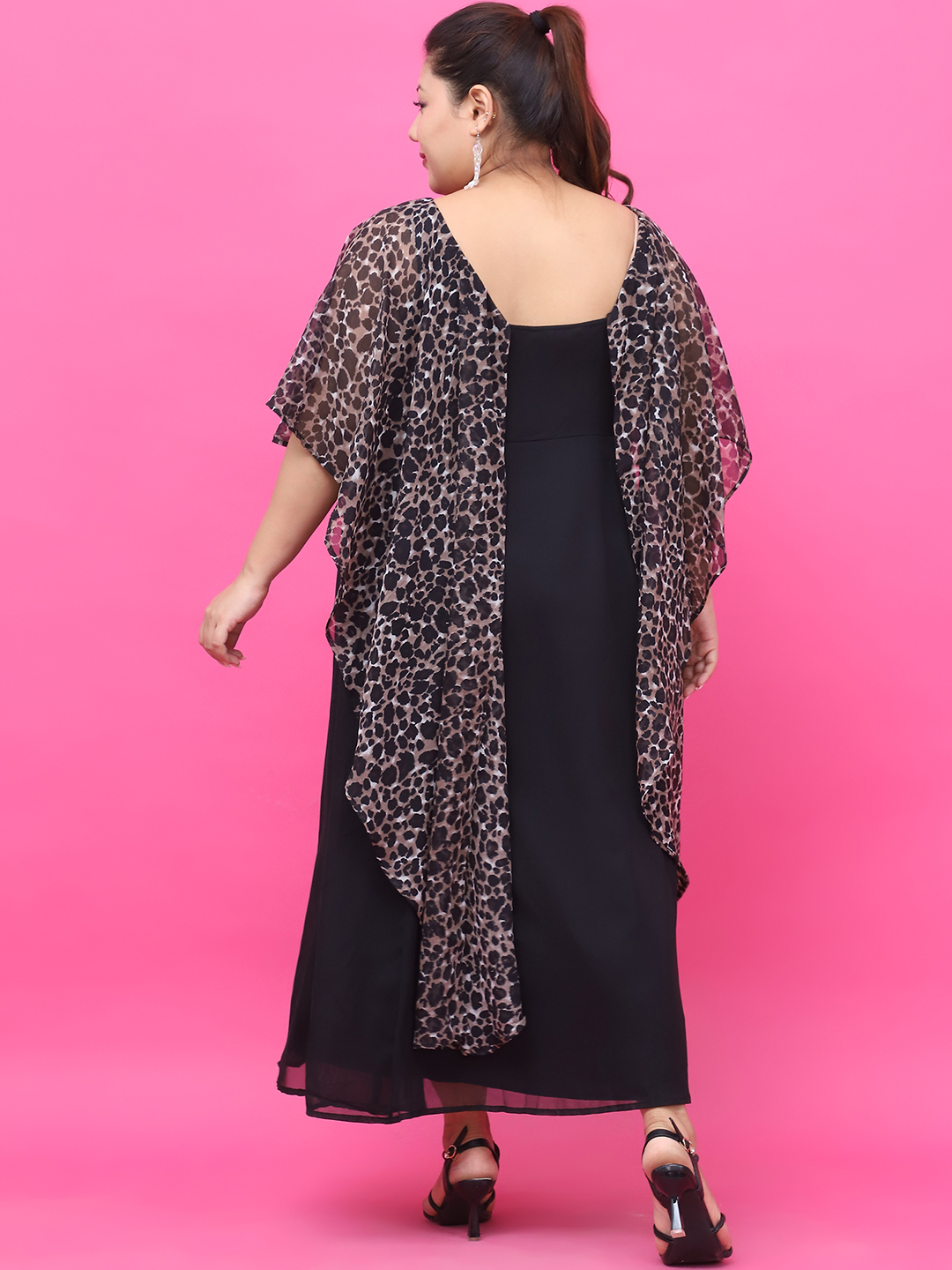 Women's Plus Size Black Solid Color Dress with attached Animal Printed Cape