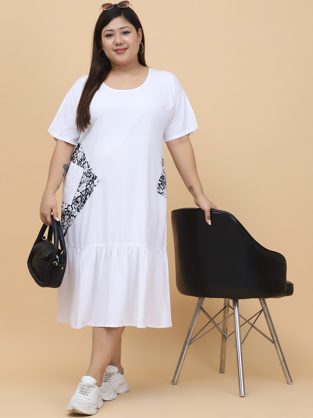 Women's Plus Size White solid color Woven A-Line Dress