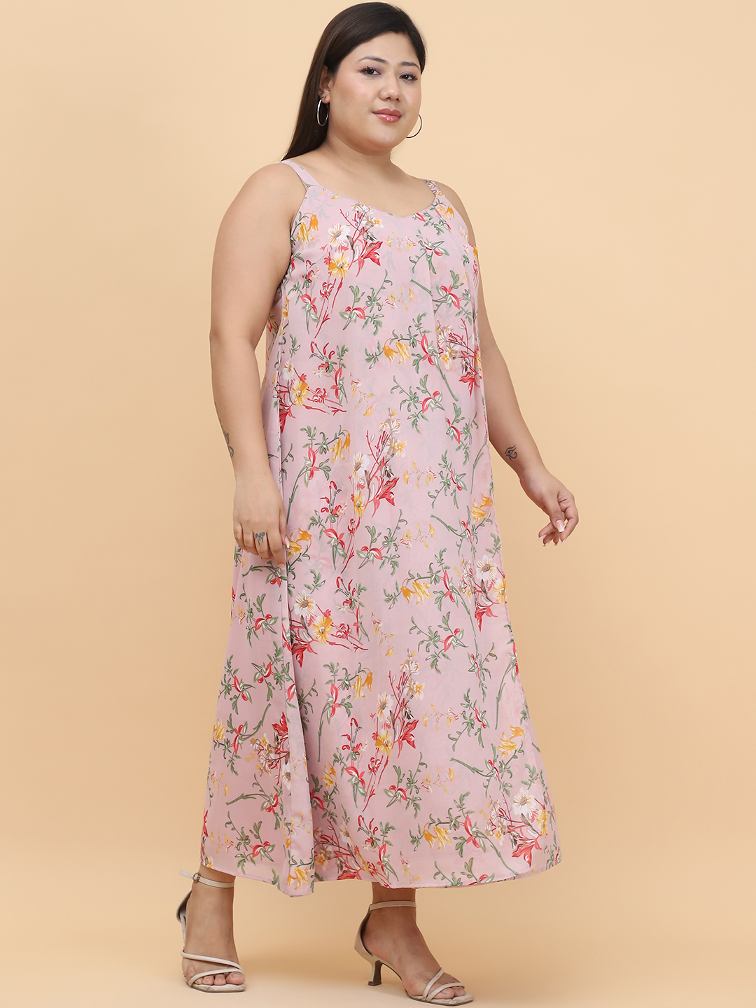 Women's Plus Size Pink Floral Printed A-Line Midi Dress