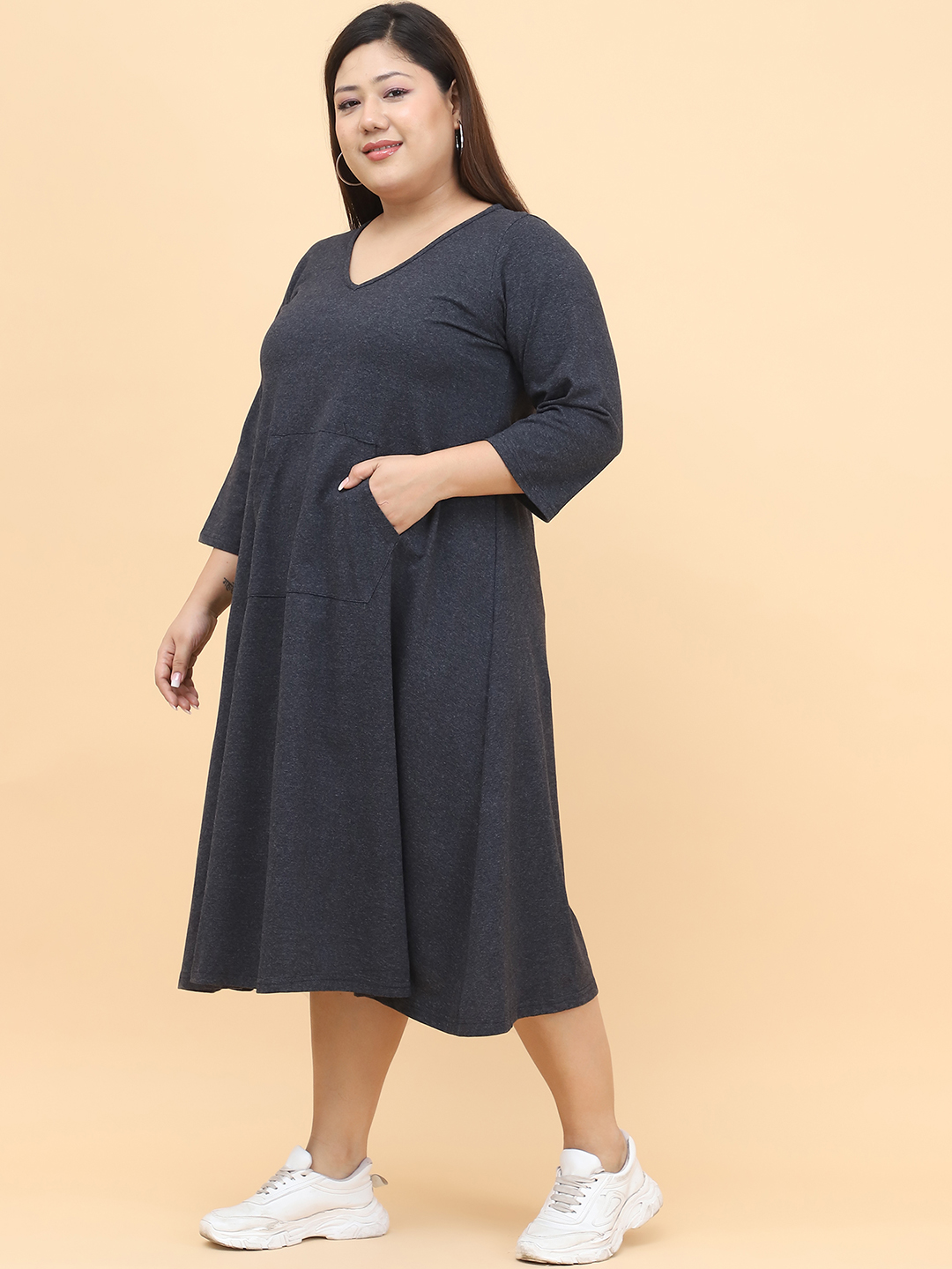 Women's Plus Size Charcoal Grey Solid Color Cotton Knitted Dress